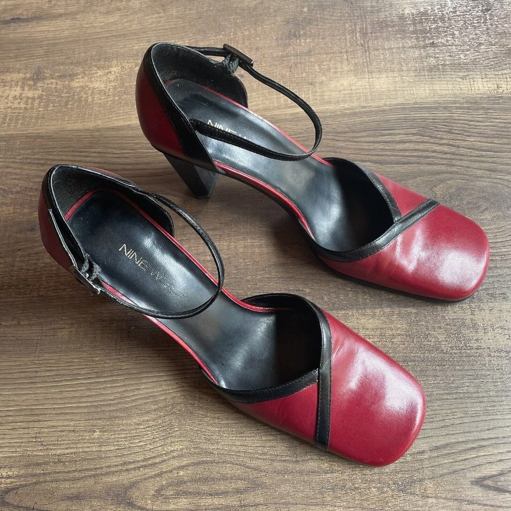 Nine West D'orsay Heels 7.5M Red Black Chunky Block Pumps Ankle Strap